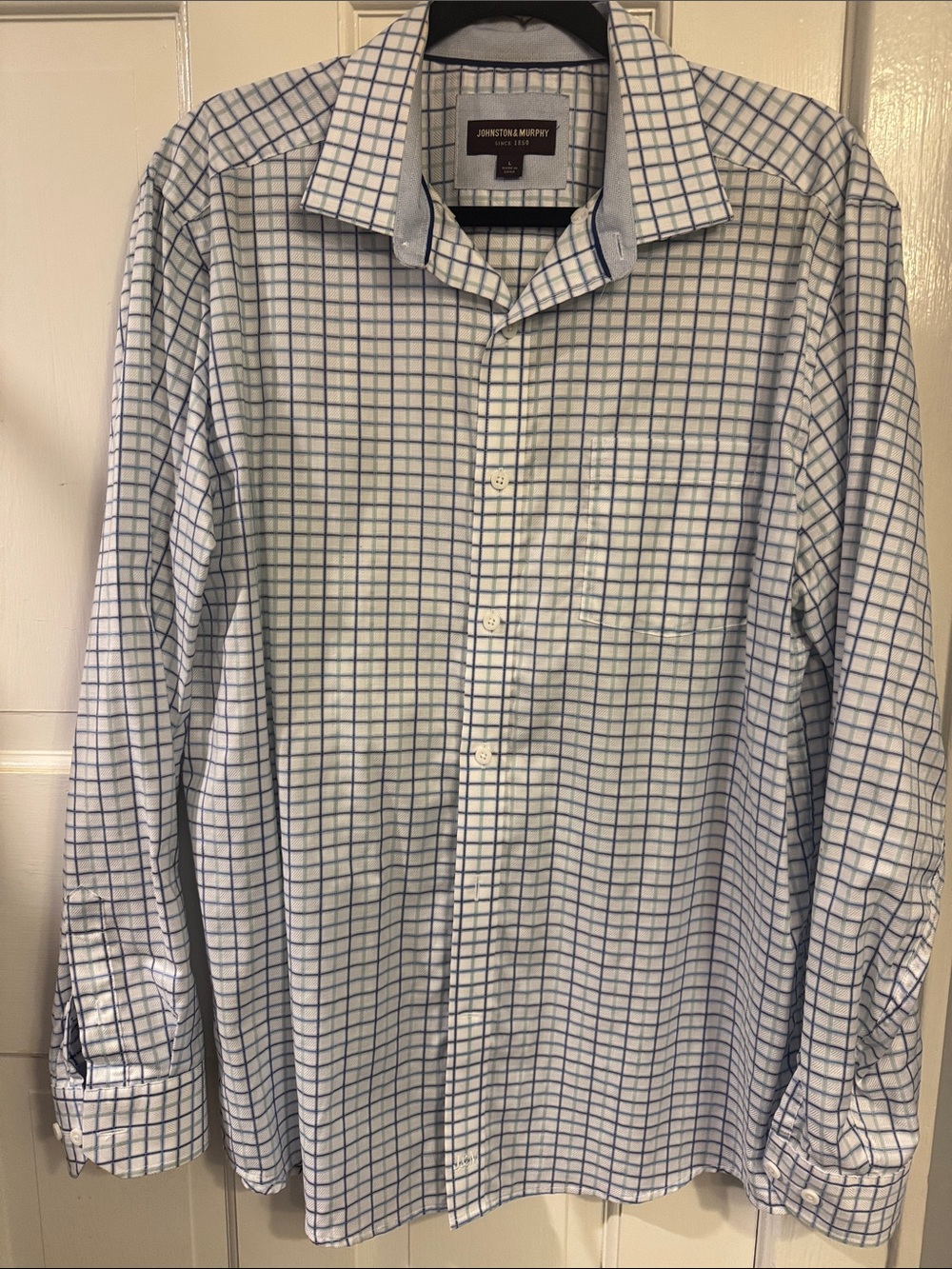 Johnston & Murphy White Dress Shirt with Blue Windowpane Check